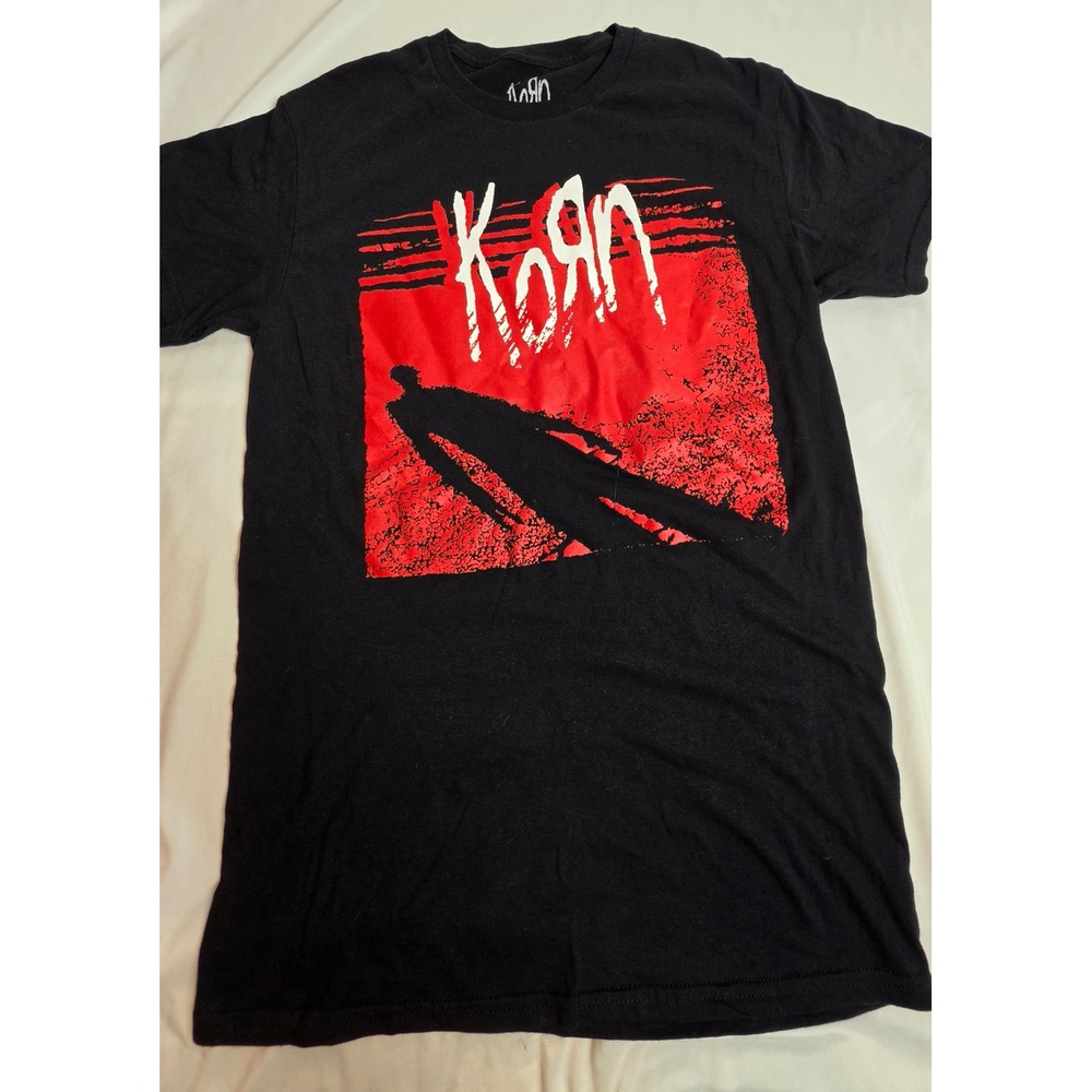 Korn Band Graphic T-Shirt Mens Small Black Red Shadow Logo Nu Metal Rock Tee